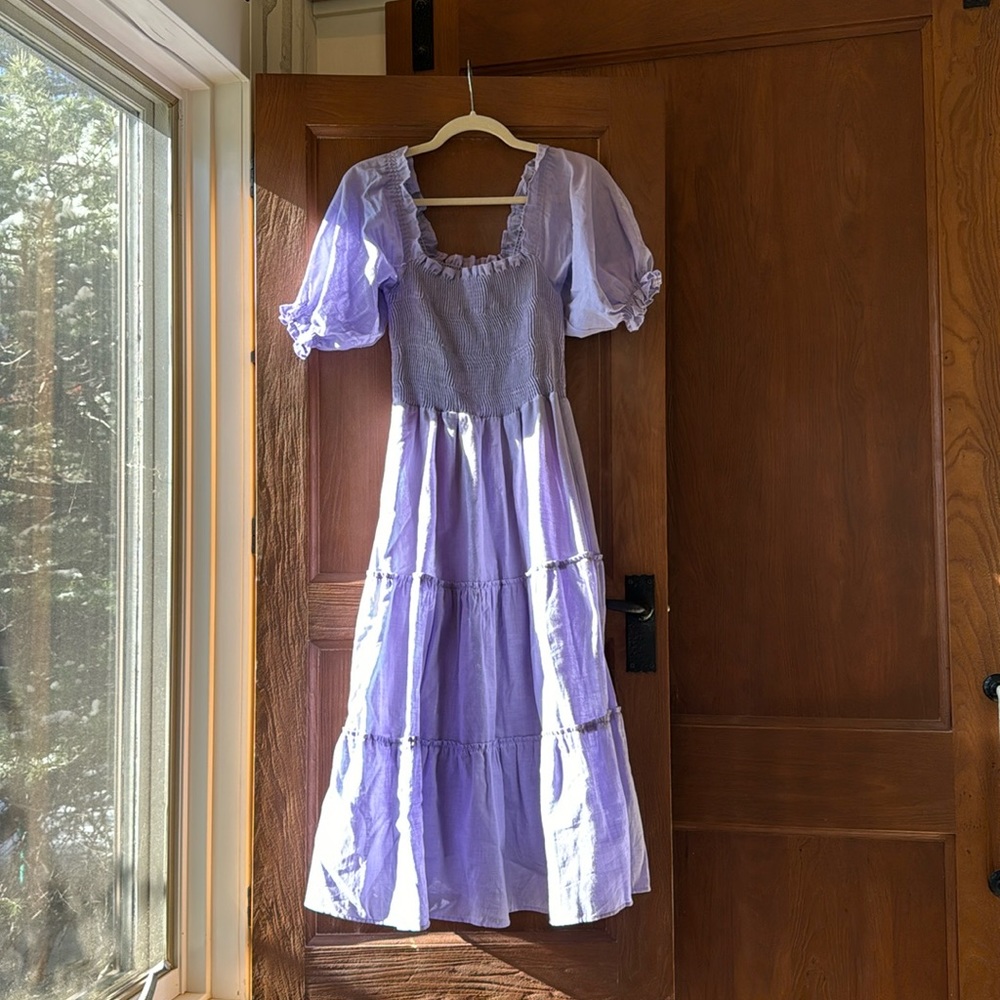 Peixoto lilac / purple smocked bodice puff sleeve dress. Size M. - Picture 2 of 11
